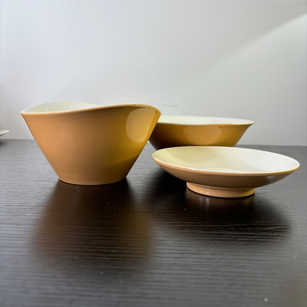 Vintage MCM Mikasa Cerastone Bowls Set of 3 Tan Interesting Shapes Japan